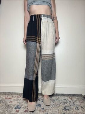 NOEN Asymmetric Colorblock Patchwork Linen Wide-Leg Trousers - Plaid & Solid